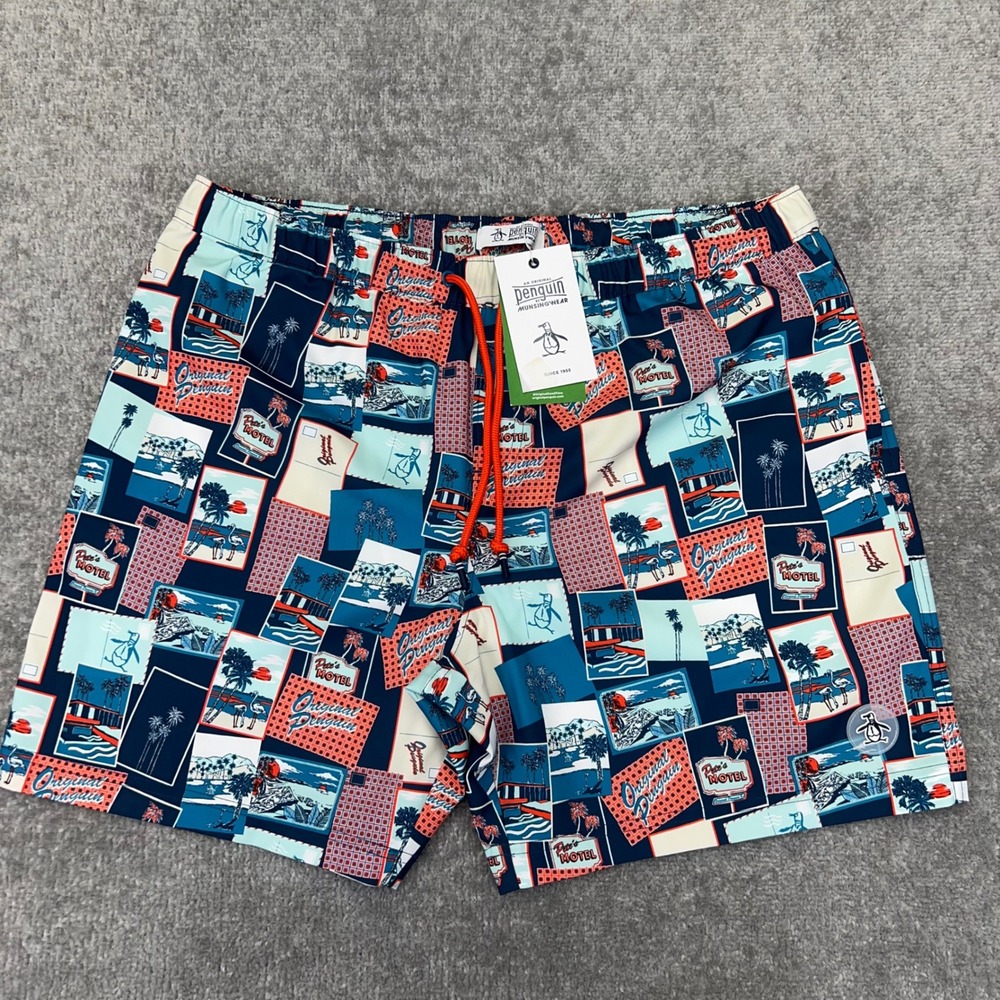 ORIGINAL PENGUIN Men's XL Swim Trunks Postcard Motel Print Blue Beach Shorts NWT